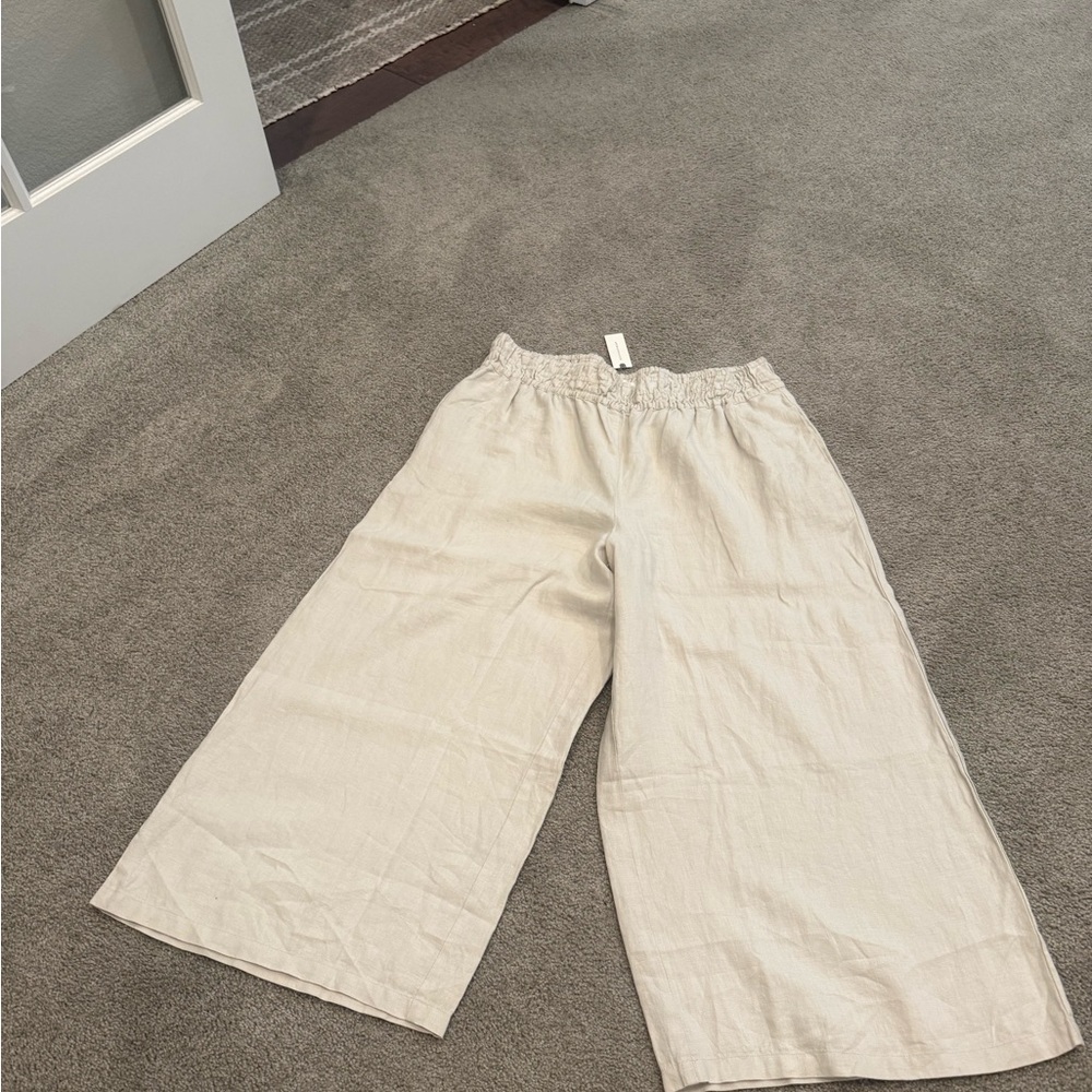 Anthropologie Wide Leg Linen-Blend Pants in Light Beige